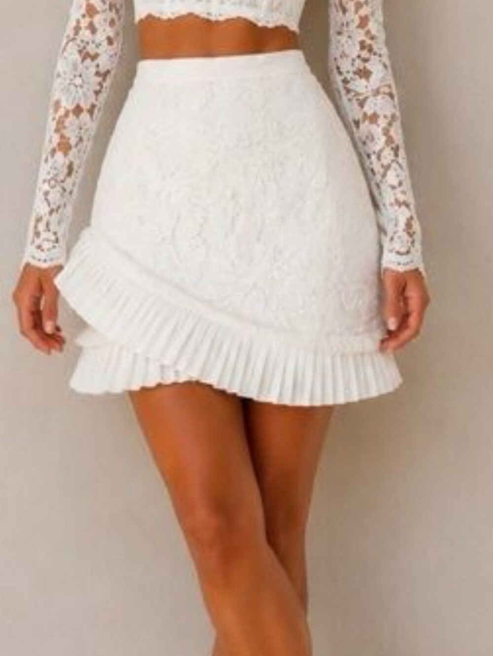 naked wardrobe White Lace Pleated Layered Mini Skirt